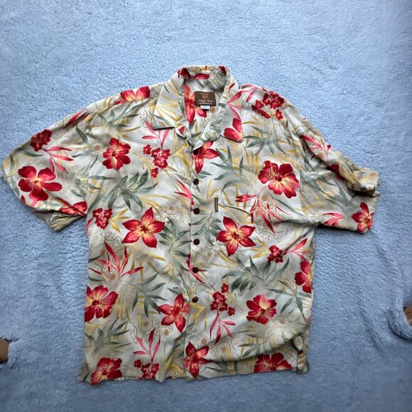 Mango Moon Shirt Men XXL Beige Button Up Floral Print Hawaiian Hibiscus - Picture 2 of 12